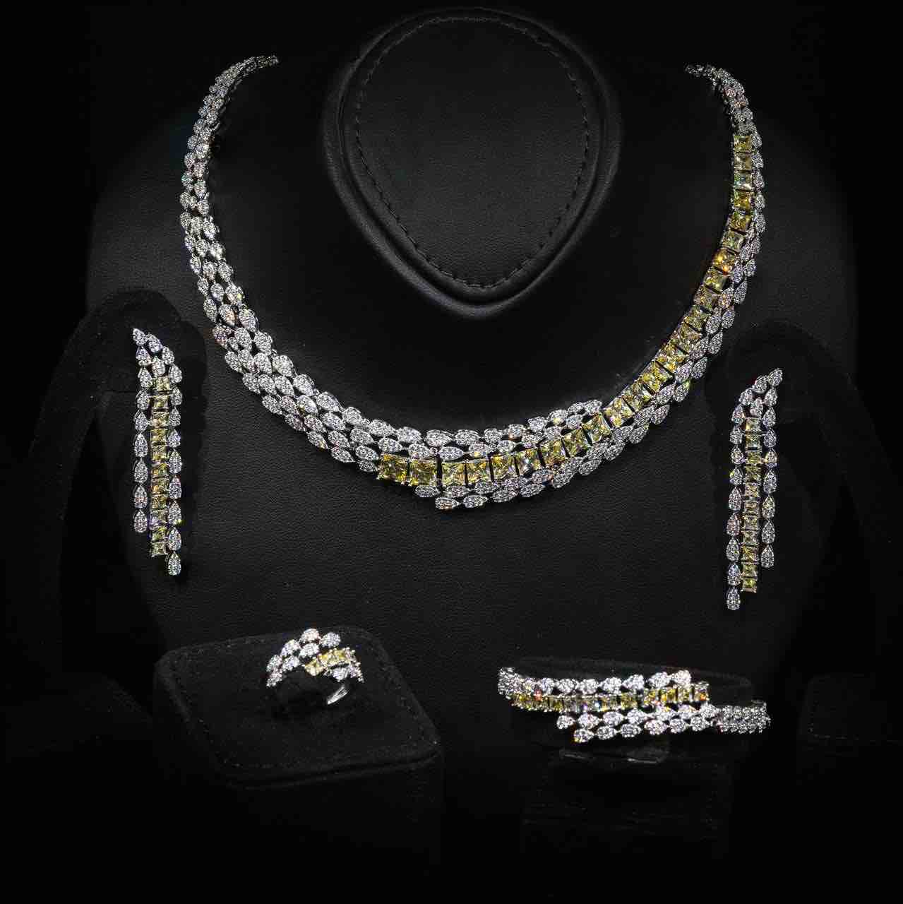 Omnia Trinity Yellow Luxury Bridal Full Set in High Quality Zircon Stone in Rhodium Plated