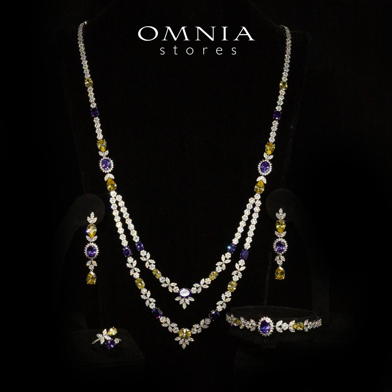 Omnia Jade Yellow and Purple Bridal Long Chain Set Accessories in High Quality Zircon Stone Rhodium Plated