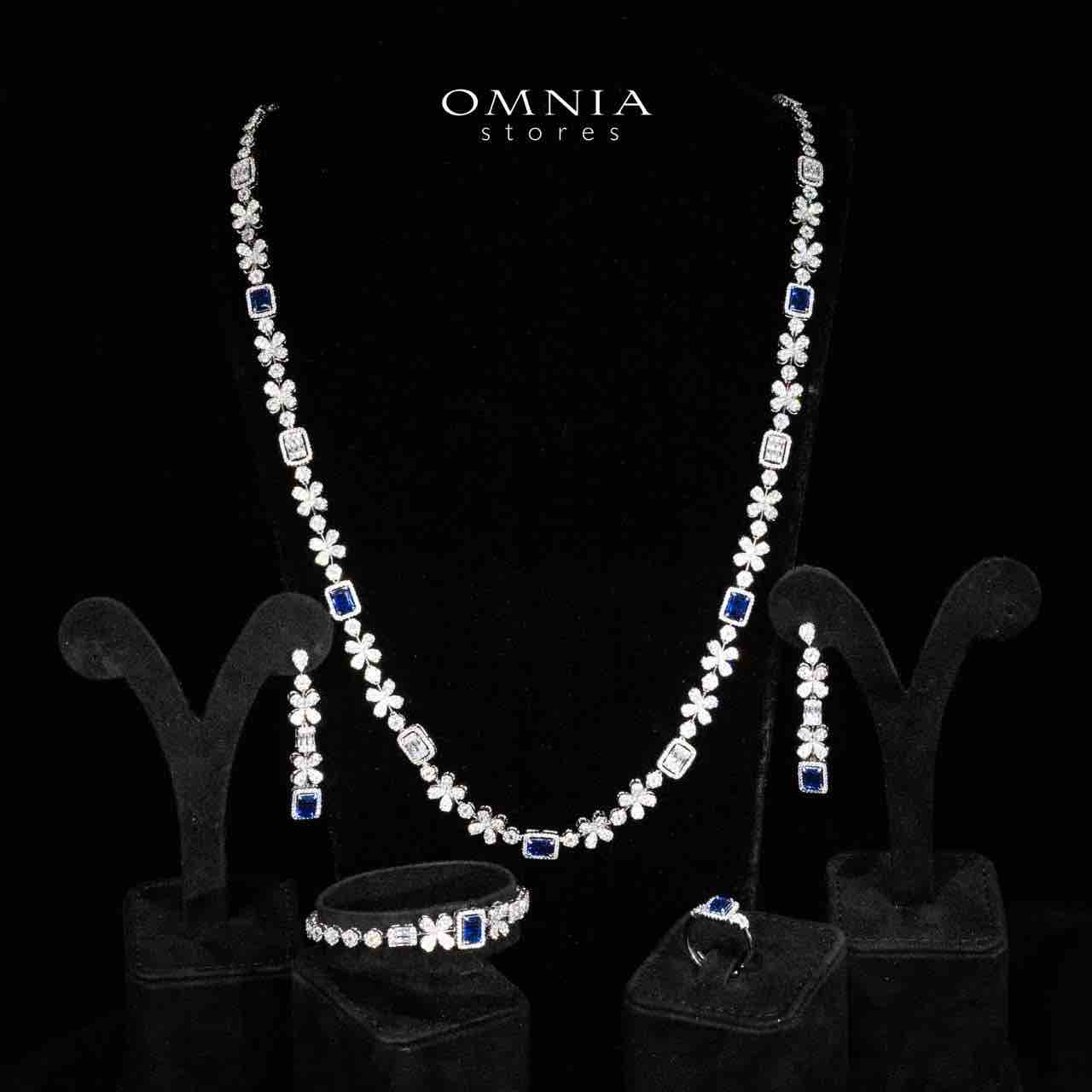 Omnia Reyna Blue Luxury Bridal Long Chain Full Set in High Quality Zircon Stone Rhodium Plated