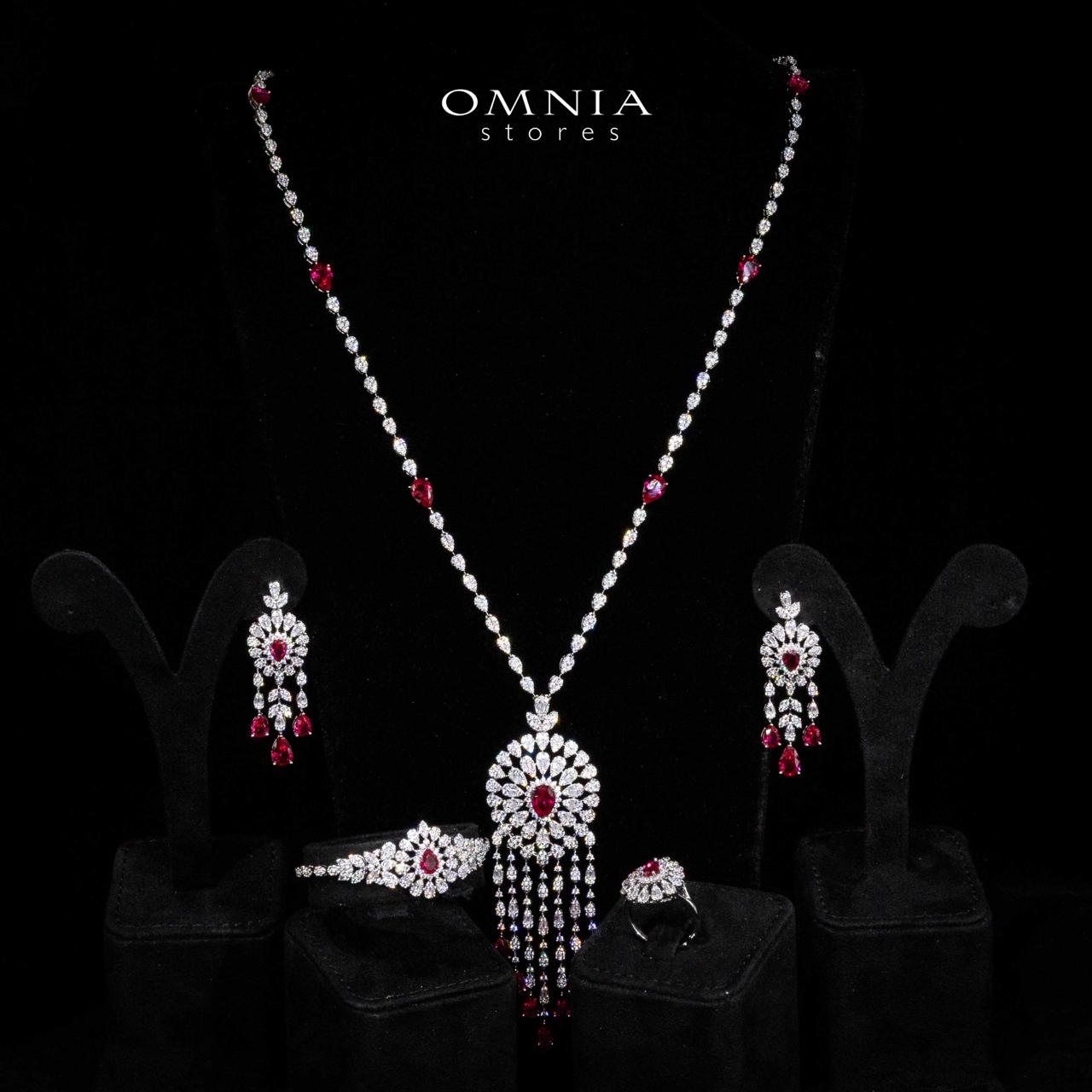 Omnia Lisa Red Luxury Bridal Long Chain Full Set in High Quality Zircon Stone Rhodium Plated