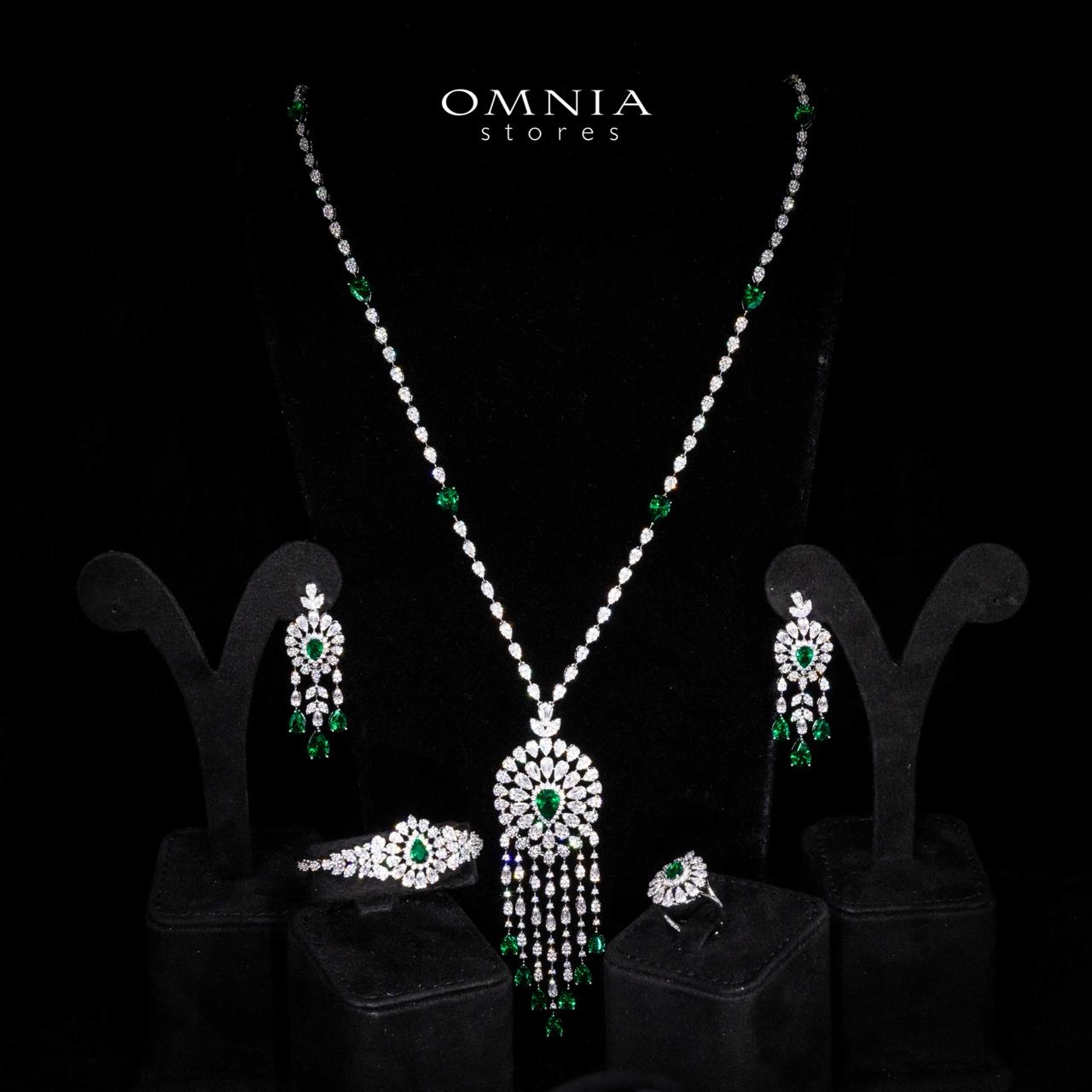 Omnia Lisa Green Luxury Bridal Long Chain Full Set in High Quality Zircon Stone Rhodium Plated
