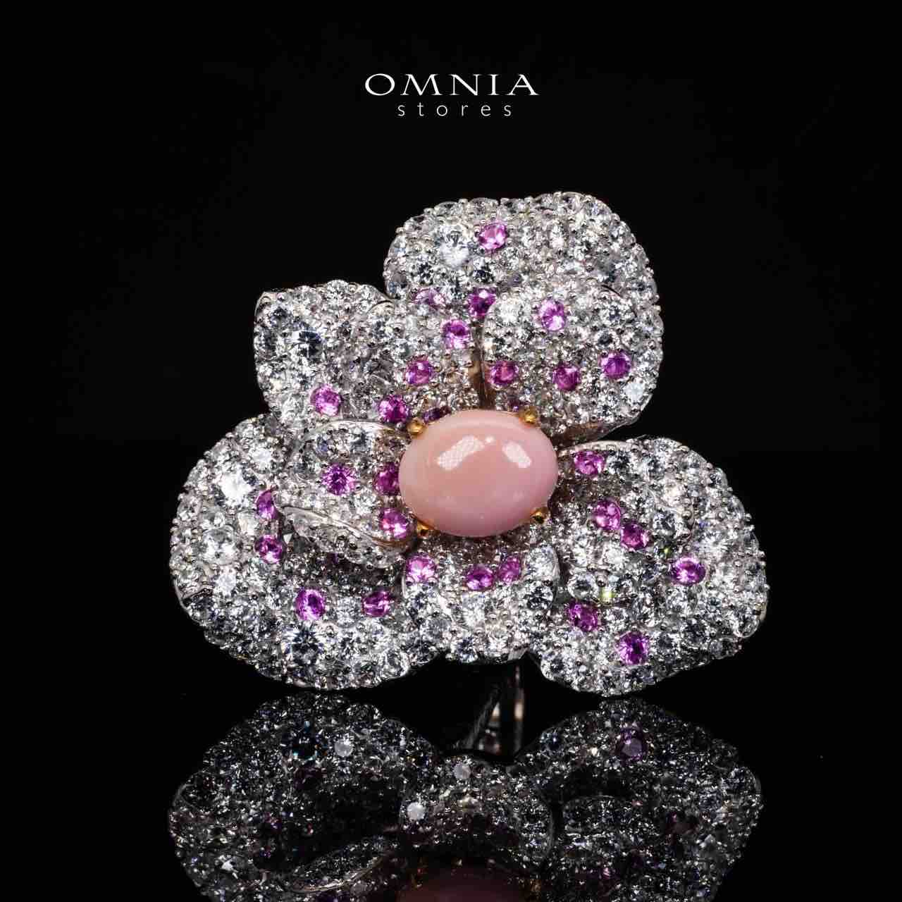 Omnia Anita Pink Coral Flower Ring in 925 Silver High Quality Purple and White Simulated Diamonds