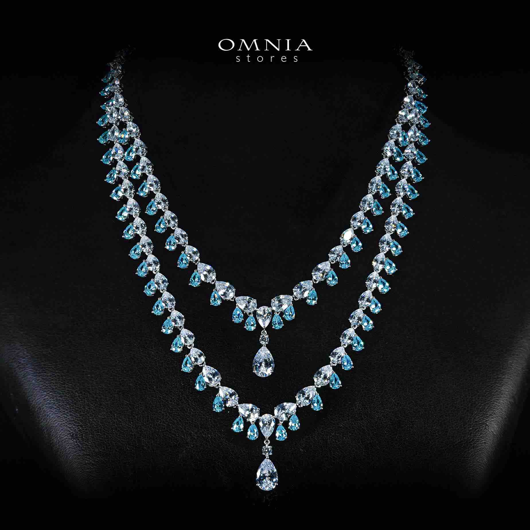 Omnia Saira White and Blue Double Layer Necklace With High Quality Simulated Diamonds In 925 Silver
