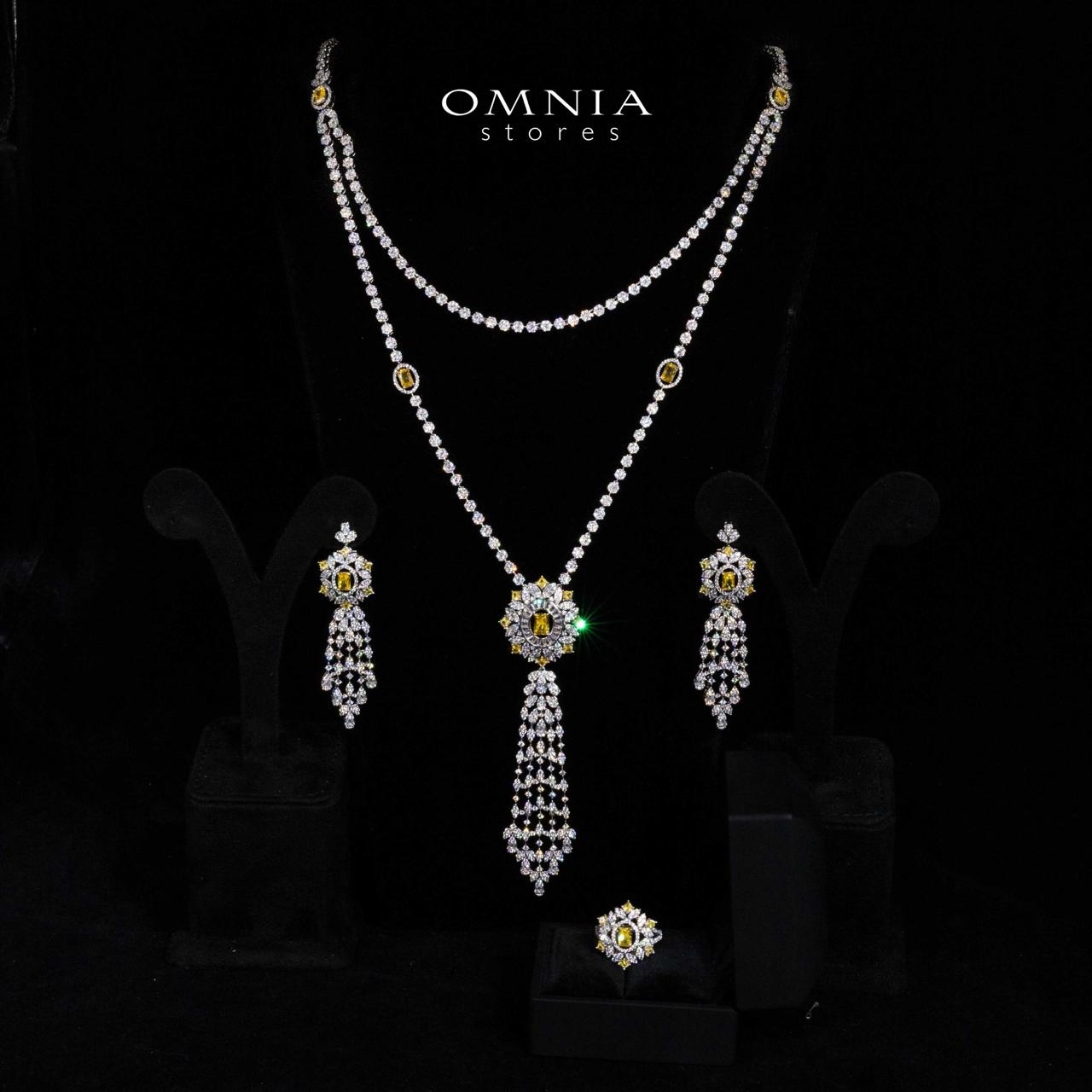 Omnia Ola Dark Yellow Bridal Long chain Set Accessories in High Quality Zircon Stone Rhodium Plated