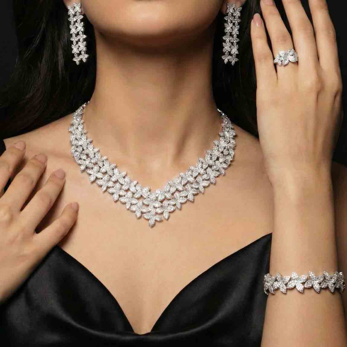 Omnia Nellie White Pearl Luxury Bridal Full Set in High Quality Rhodium Plated Zircon Stones - OMNIASTORES UAE
