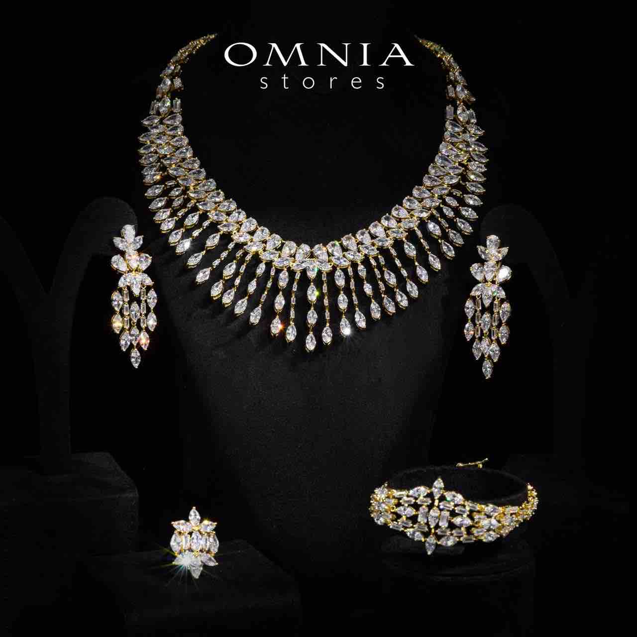 Omnia Soheila Gold Luxury Bridal Full Set with Emerald and Pear-Cut High-Quality Simulated Diamonds Rhodium Plated - OMNIASTORES UAE