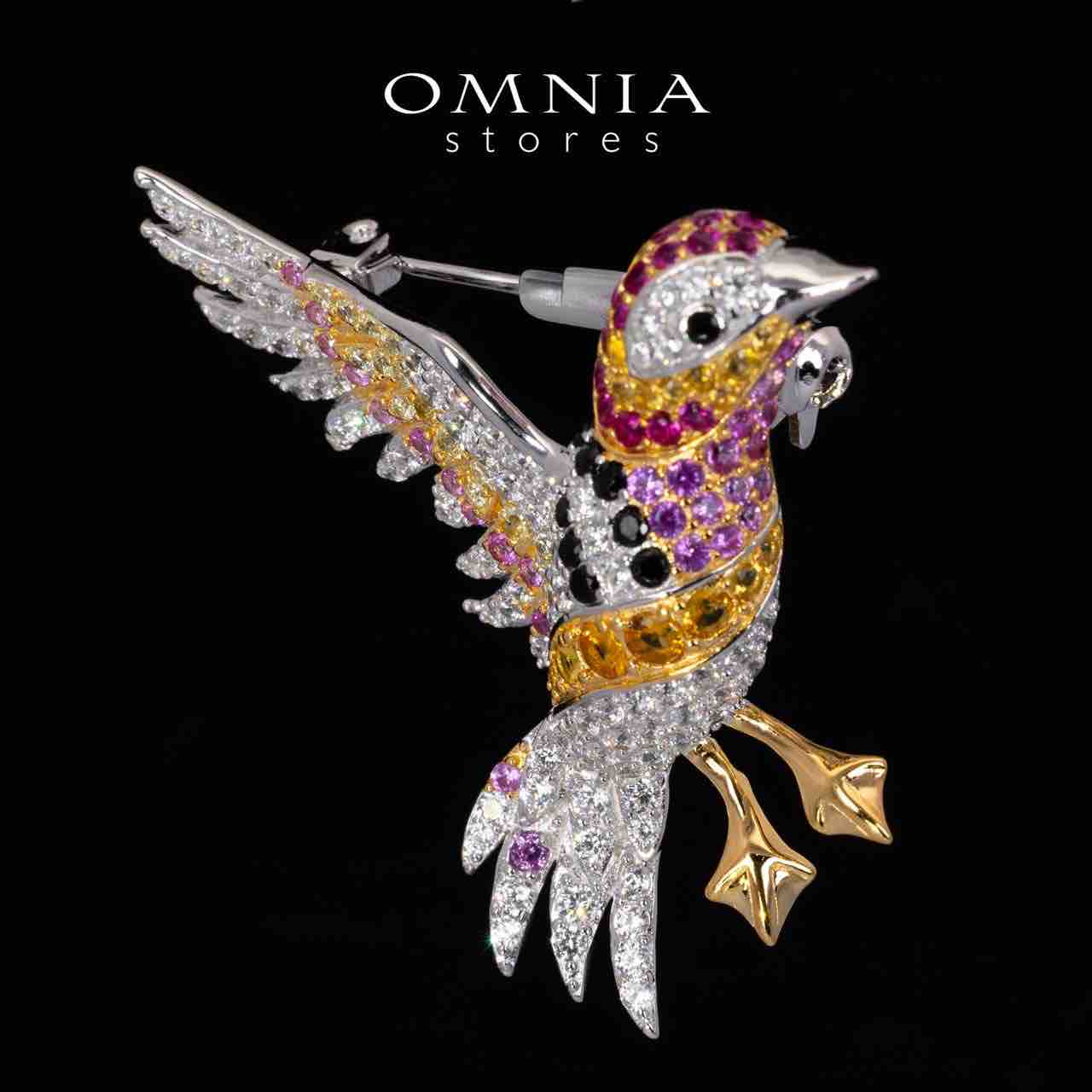 Omnia Zena Multicolor Brid Design Brooch With High Quality Simulated Diamonds in 925 Silver - OMNIASTORES UAE