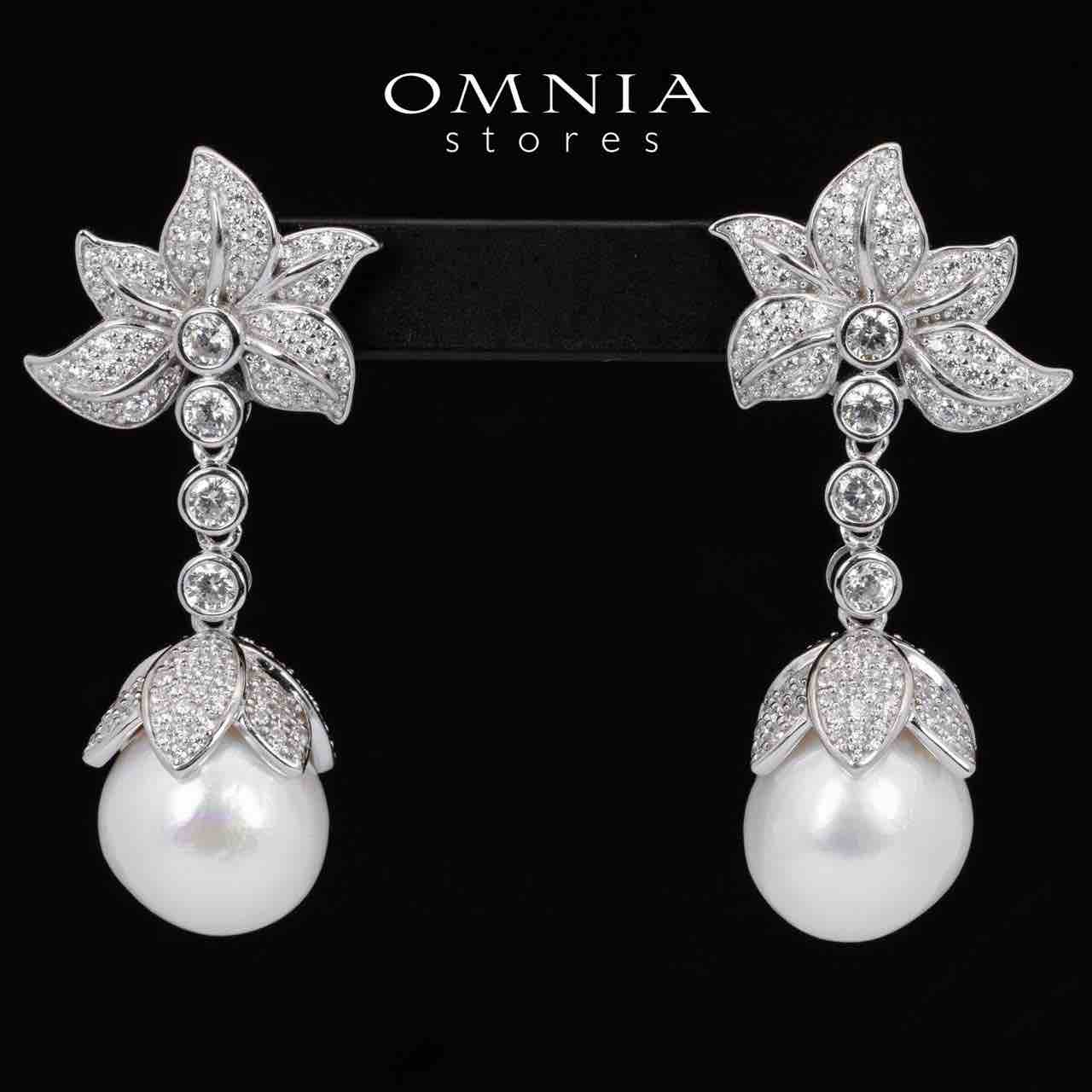 Omnia Iyana White Floral Fresh Real Pearl  Drop Earrings With High Quality Simulated Diamonds in 925 Silver - OMNIASTORES UAE