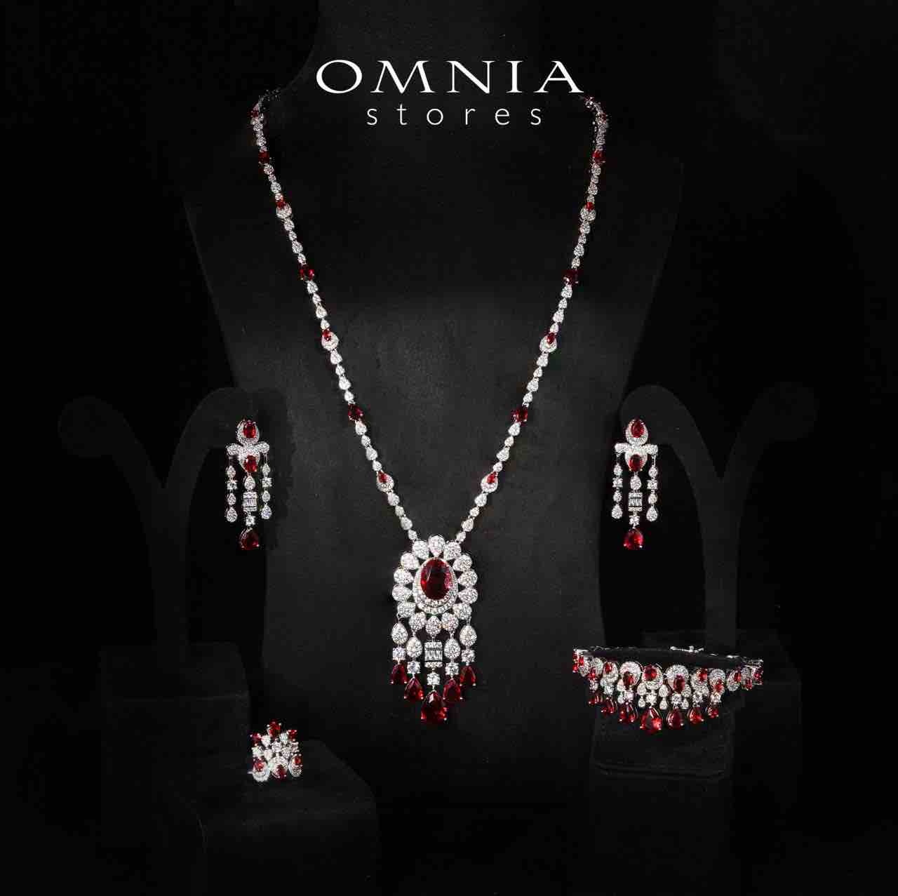 Aleya Red Luxury Bridal Full Long chain Set in High Quality Simulated Diamonds Rhodium Plated - OMNIASTORES UAE