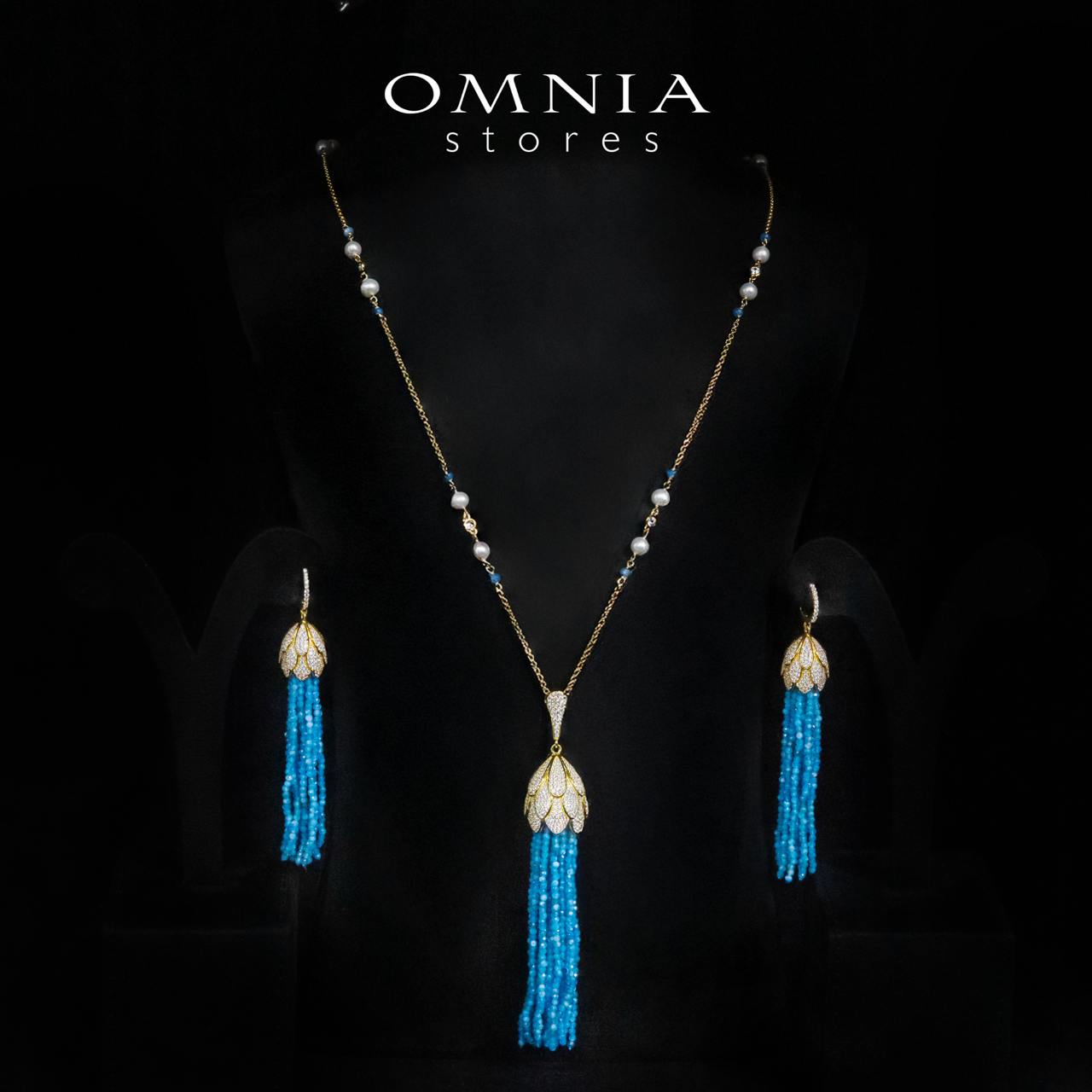 Omnia Kathy Sky Blue Beeds Golden Long Chain Necklace and Drop Earrings Set With High Quality Simulated Diamonds in 925 Silver - OMNIASTORES UAE