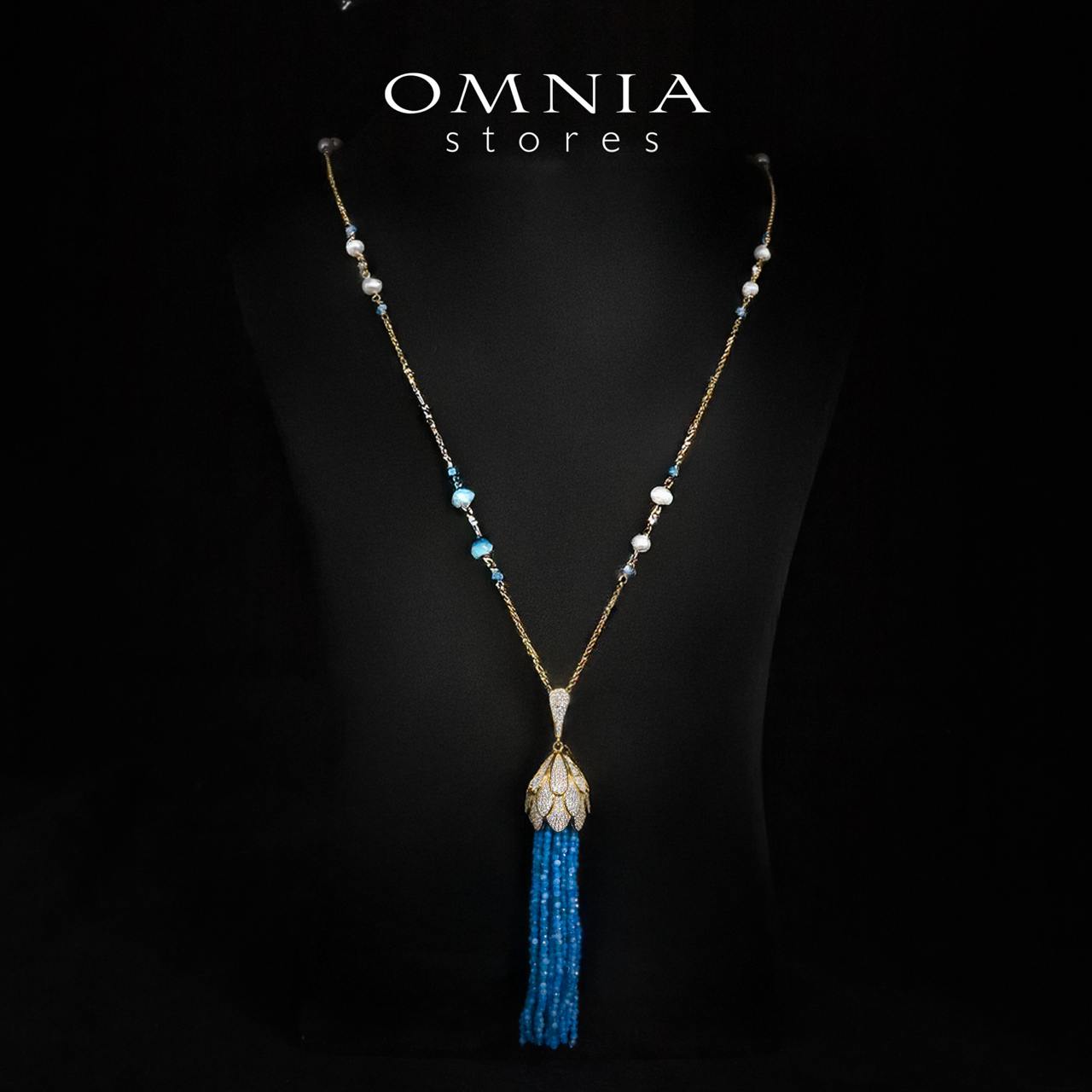Omnia Kathy Sky Blue Beeds Golden Long Chain Necklace and Drop Earrings Set With High Quality Simulated Diamonds in 925 Silver - OMNIASTORES UAE