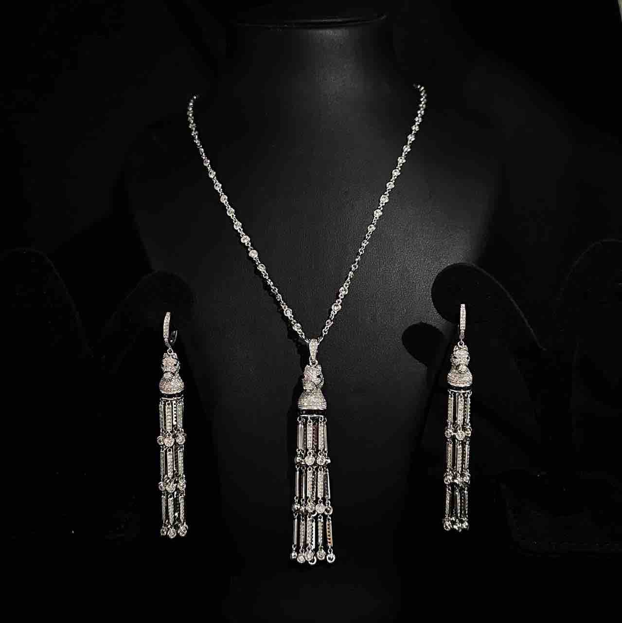 Omnia Vania White Horse Design Long Chain Necklace & Drop Earrings Set in 925 Silver With High Quality Simulated Diamonds