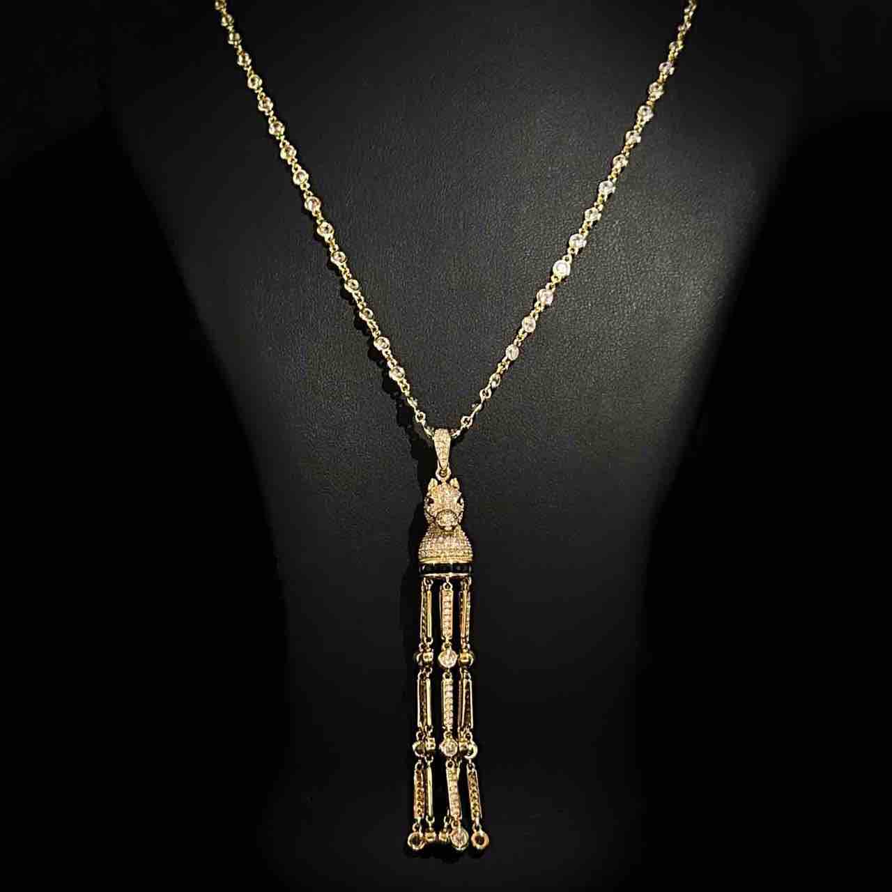 Omnia Vania Golden Horse Design Long Chain Necklace & Drop Earrings Set in 925 Silver With High Quality Simulated Diamonds