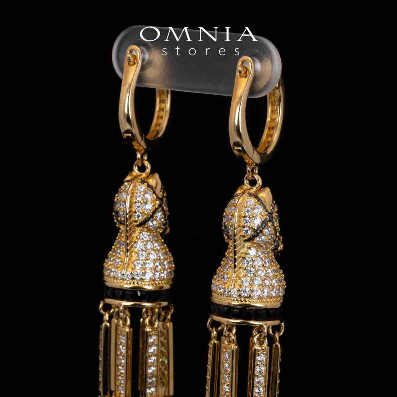 Omnia Vania Golden Horse Design Long Chain Necklace & Drop Earrings Set in 925 Silver With High Quality Simulated Diamonds