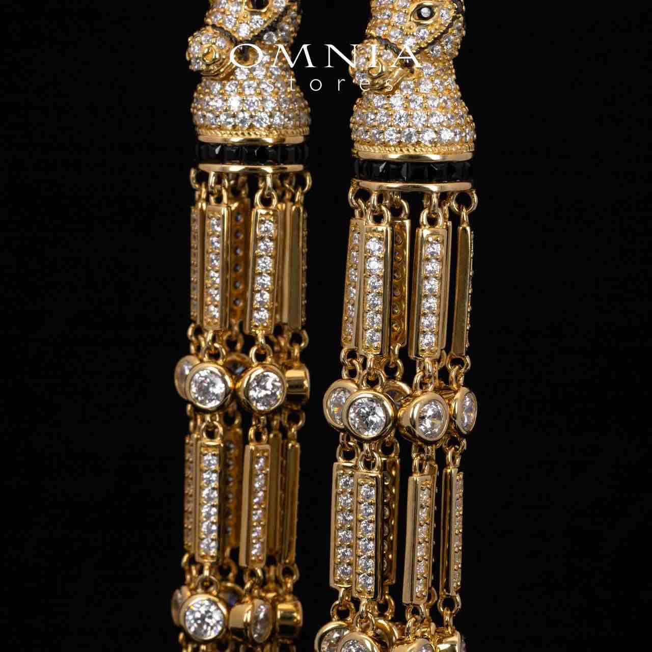 Omnia Vania Golden Horse Design Long Chain Necklace & Drop Earrings Set in 925 Silver With High Quality Simulated Diamonds