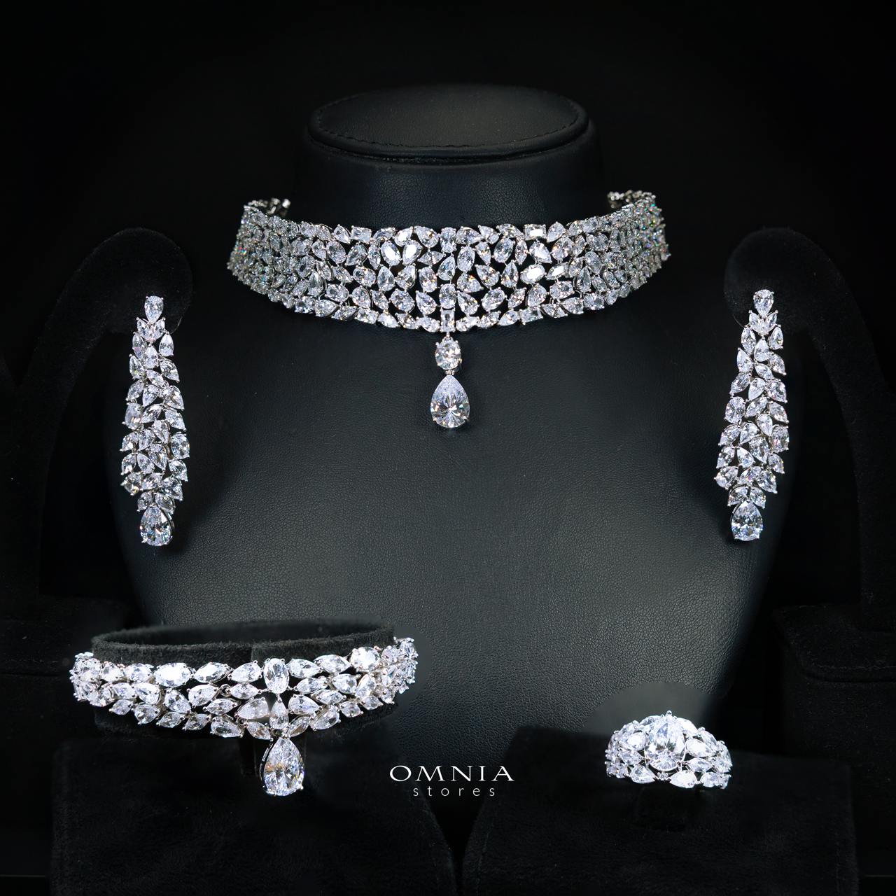 Omnia Nuray Luxury Bridal Full Set Accessories in High Quality Zircon Stone in Rhodium Plated
