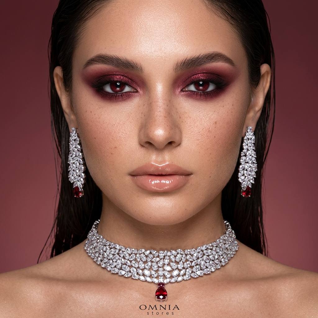 Omnia Nuray Red Luxury Bridal Full Set Accessories in High Quality Zircon Stone in Rhodium Plated