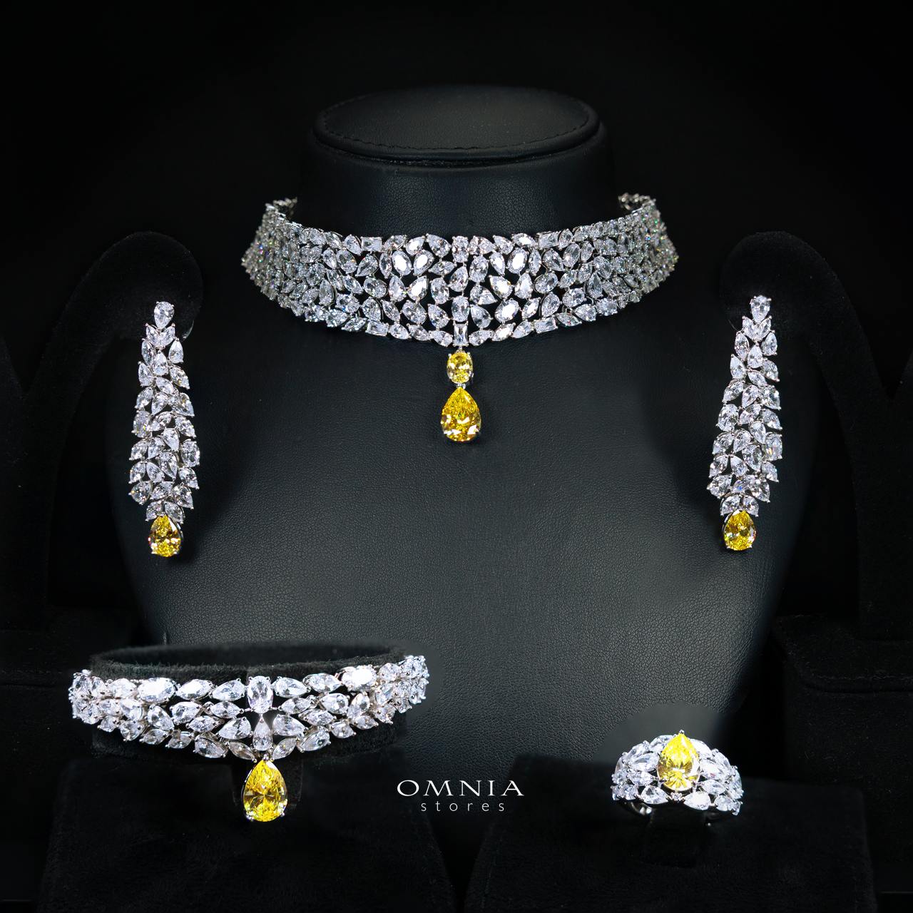 Omnia Nuray Yellow Luxury Bridal Full Set Accessories in High Quality Zircon Stone in Rhodium Plated