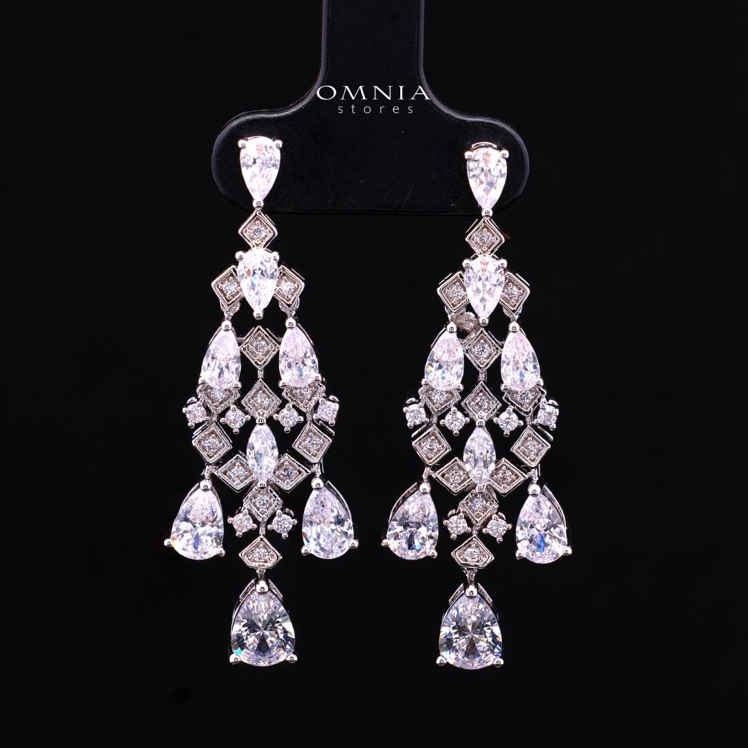 Omnia Melora White Luxury Bridal Full Set with Pear-Cut and Baguette Zircon in Cascading Design in High-Quality Rhodium Plated