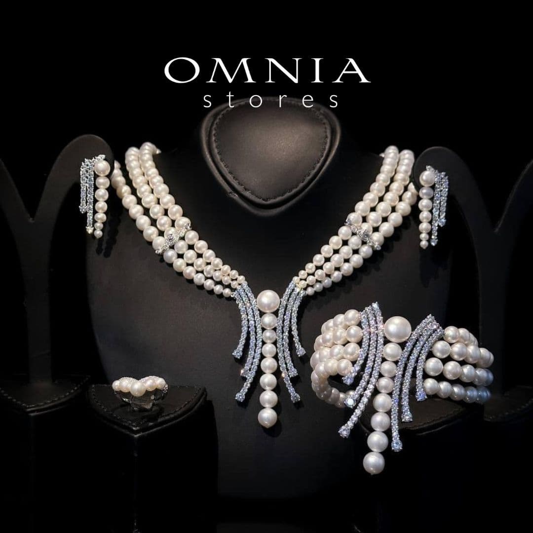 Omnia Shanina Bridal Full Set Designed with Freshwater Real Pearls and High-Quality Simulated Diamonds in a Rhodium Plated Finish - OMNIASTORES UAE