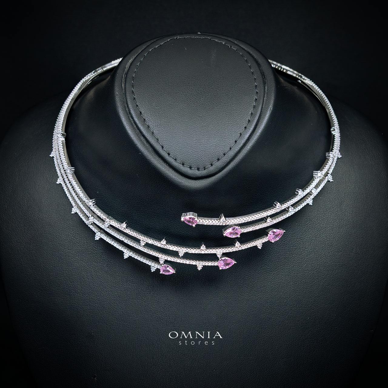 Yuliana Luxury Pink Bridal Full Set with High-Quality Premium Zircon Stones, Rhodium-Plated