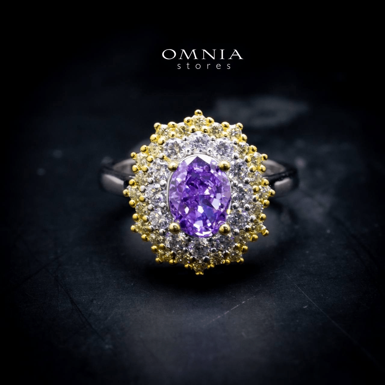Omnia Faryal Oval Purple Stone Ring in 92.5 Silver with High Quality Simulated Diamonds - OMNIASTORES UAE