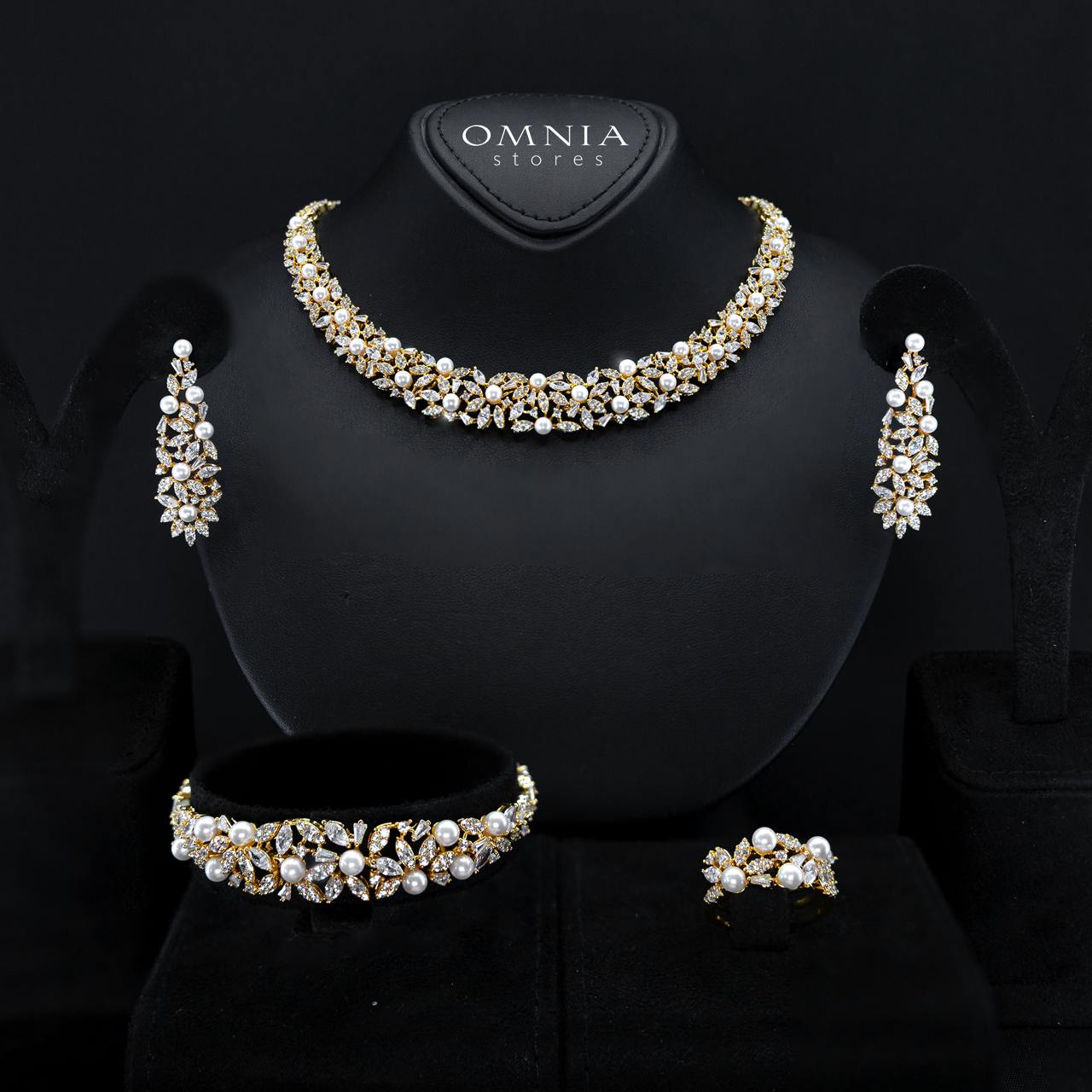 Fadwa Gold Tone Pearl Luxury Bridal Full Set Accessories in High Quality Zircon Stone, Rhodium Plated
