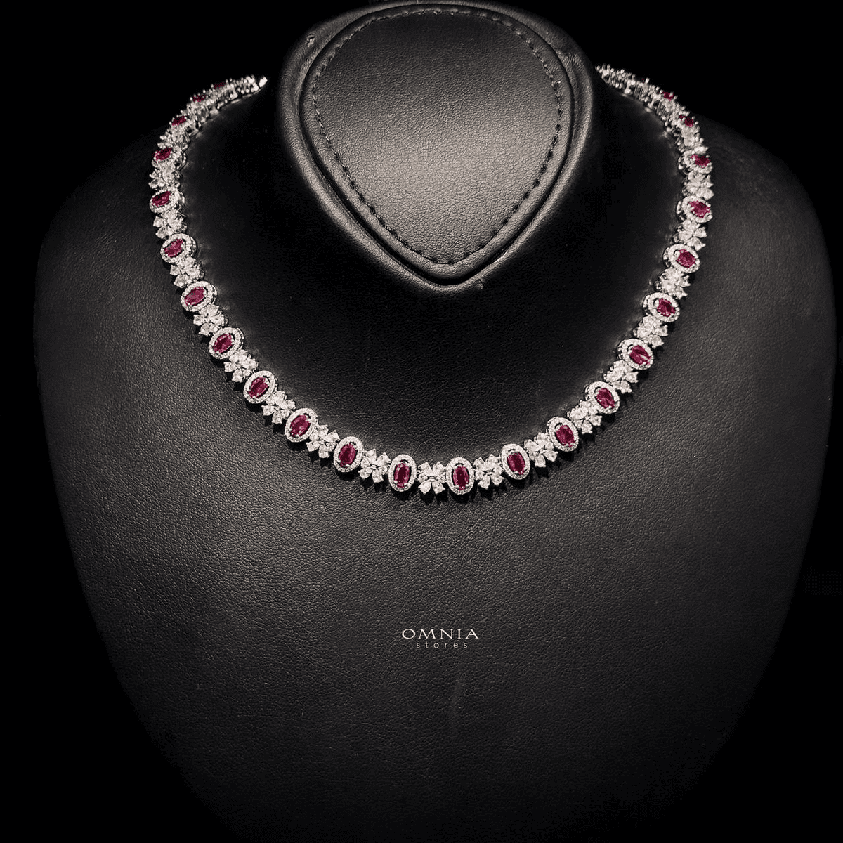 Omnia Mira Maroon Bridal Full Set in High Quality Zircon Stone Rhodium Plated - OMNIASTORES UAE