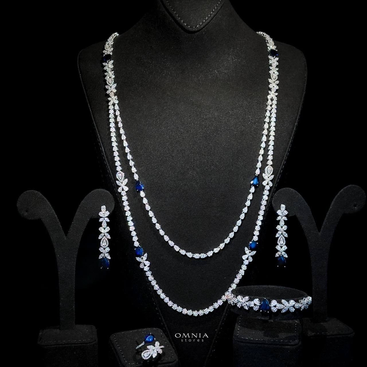 Omnia Yaza Bridal Blue Long chain Set High Quality Zircon Stone In Rhodium Plated - OMNIASTORES UAE