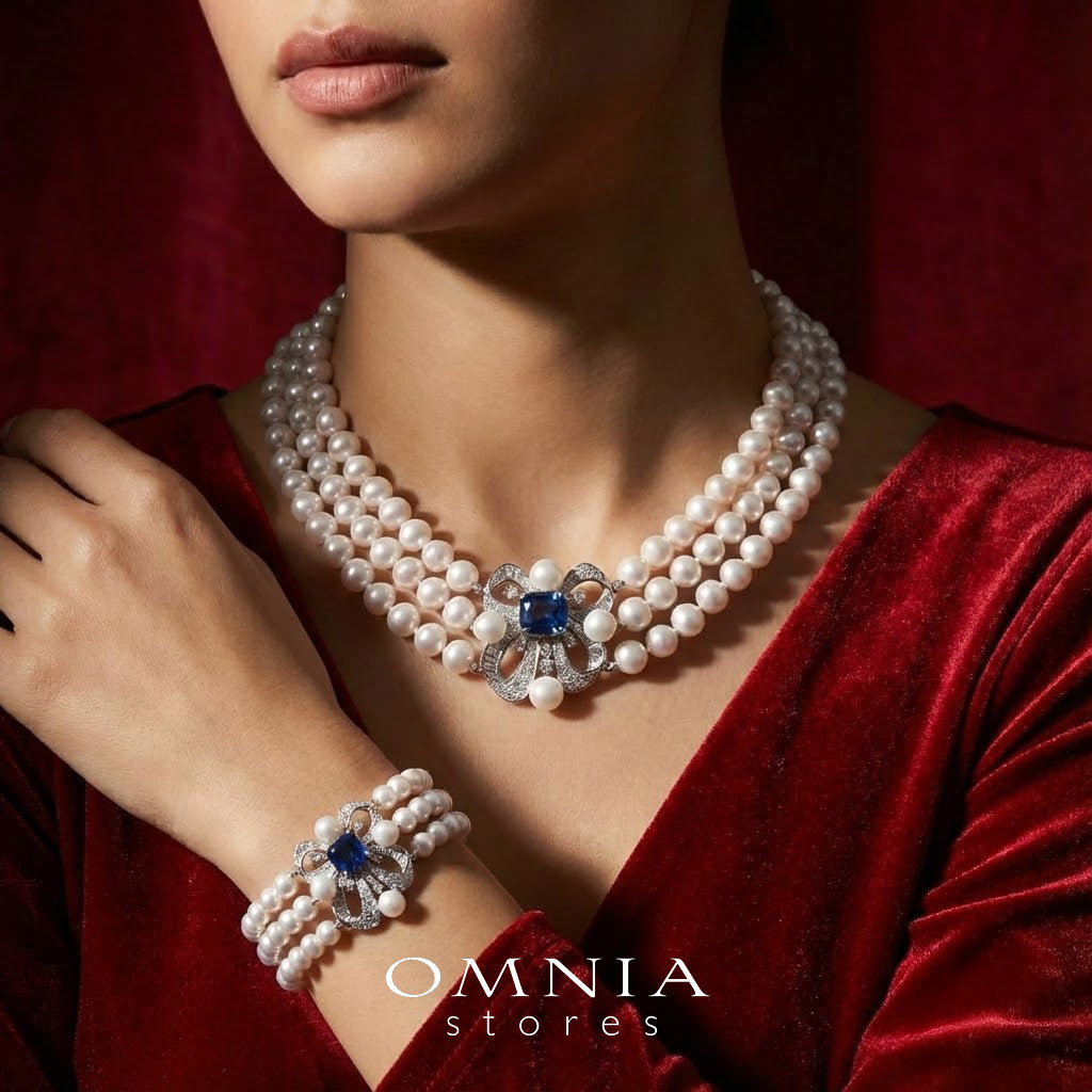 Mahboobeh Blue Pearl Necklace and Bracelet Set in 925 Silver with High Quality Simulated Diamonds