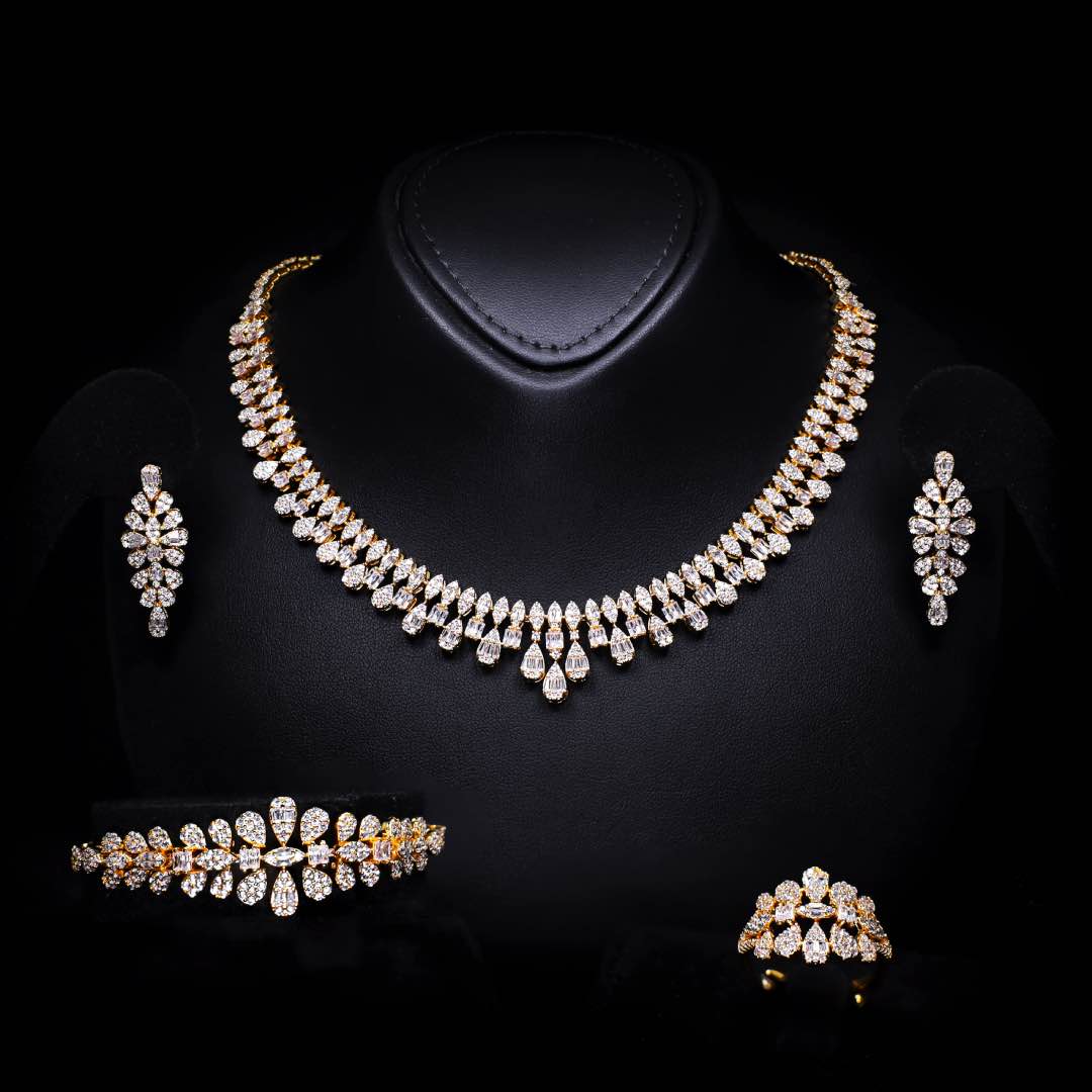 Omnia Elaf Golden Bridal Full Set in High Quality Zircon Stone in Rhodium Plated
