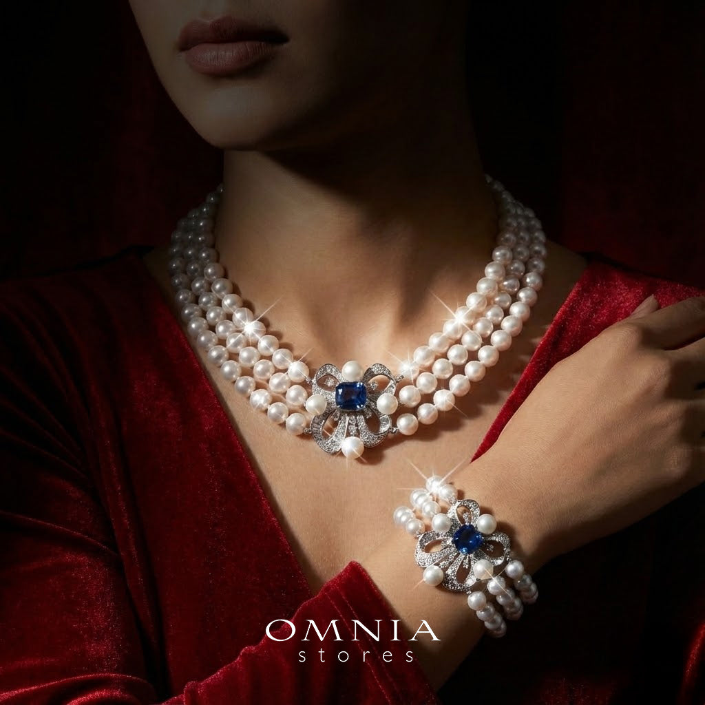 Mahboobeh Blue Pearl Necklace and Bracelet Set in 925 Silver with High Quality Simulated Diamonds