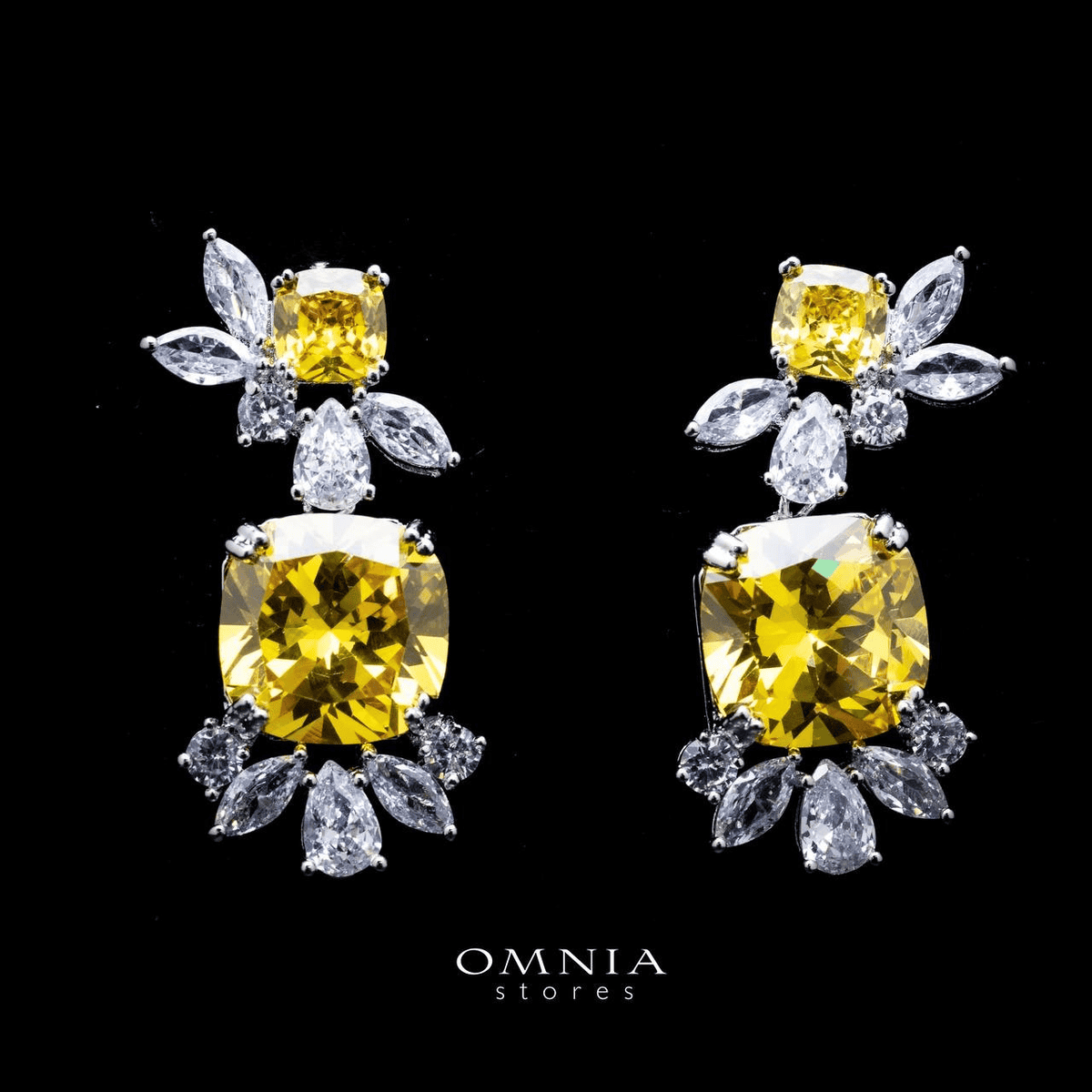 Omnia Francine Drop Earrings with Radiant Yellow Cushion Cut and Brilliant White Accents In High Quality Zircon Stone Rhodium Plated - OMNIASTORES UAE