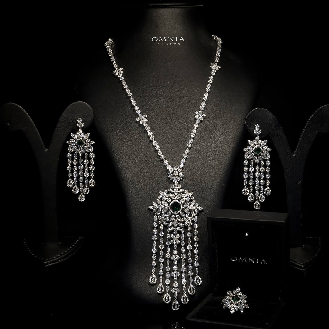 Omnia Eman Green Long chain Set Accessories High Quality Zircon Stone In Rhodium Plated - OMNIASTORES UAE