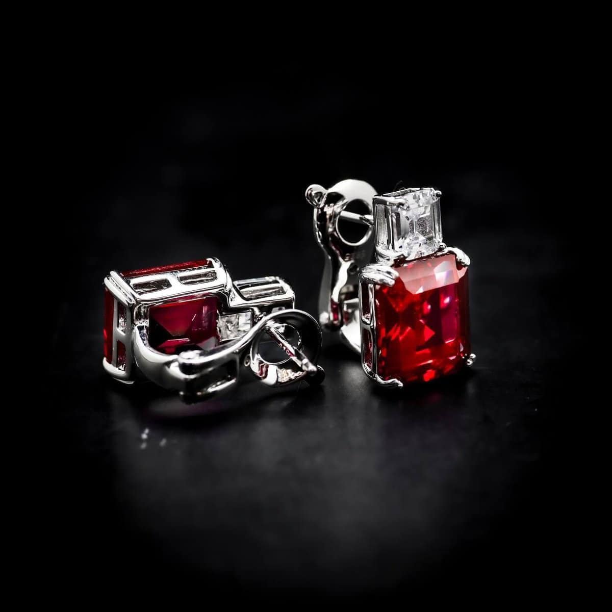 Omnia Candice Red Emerald Cut Clip-On Earrings in 92.5 Silver with High Quality Simulated Diamonds - OMNIASTORES UAE