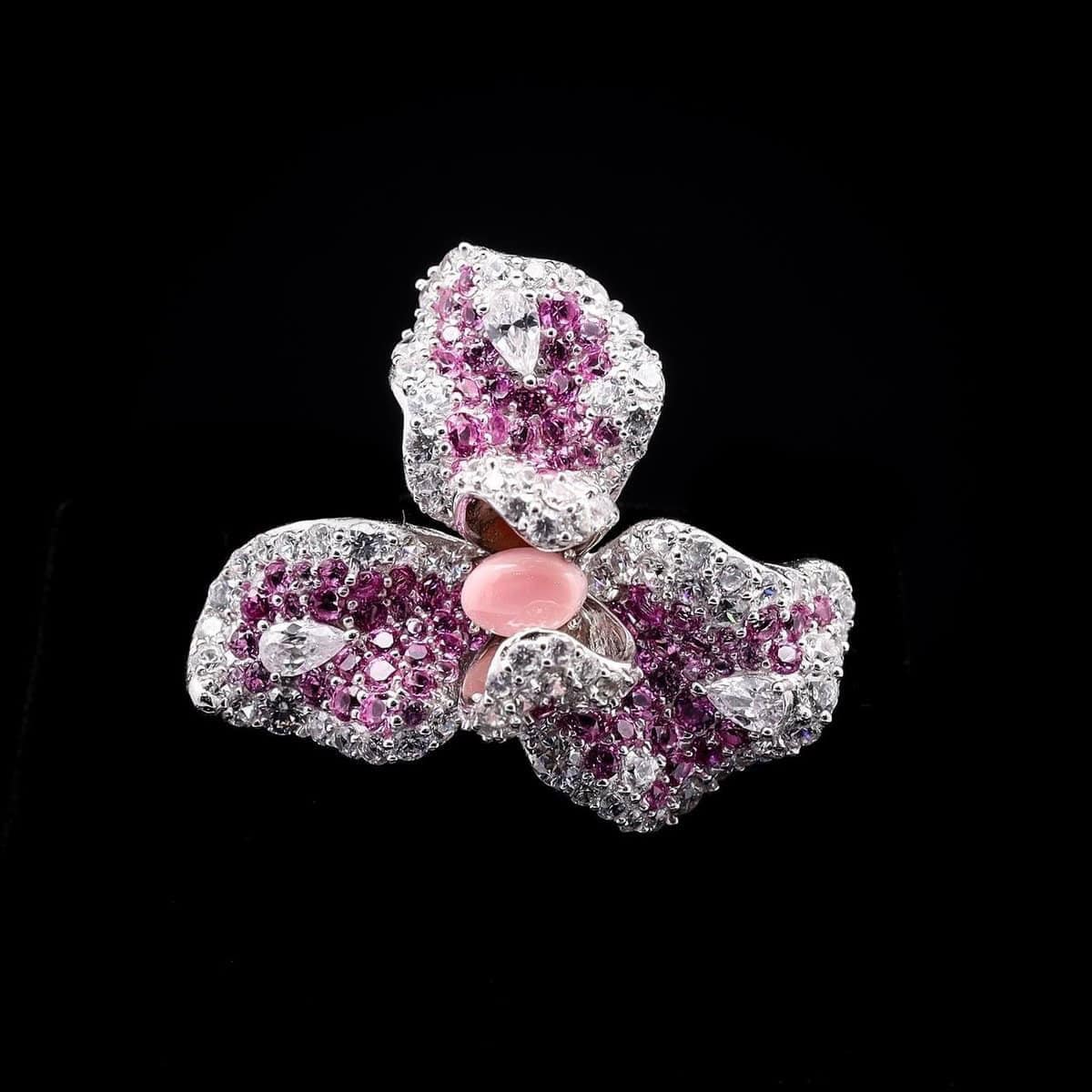 Omnia Pink Orchid Brooch in 92.5 Silver with High-Quality Simulated Diamonds and Coral Stone Detail - OMNIASTORES UAE