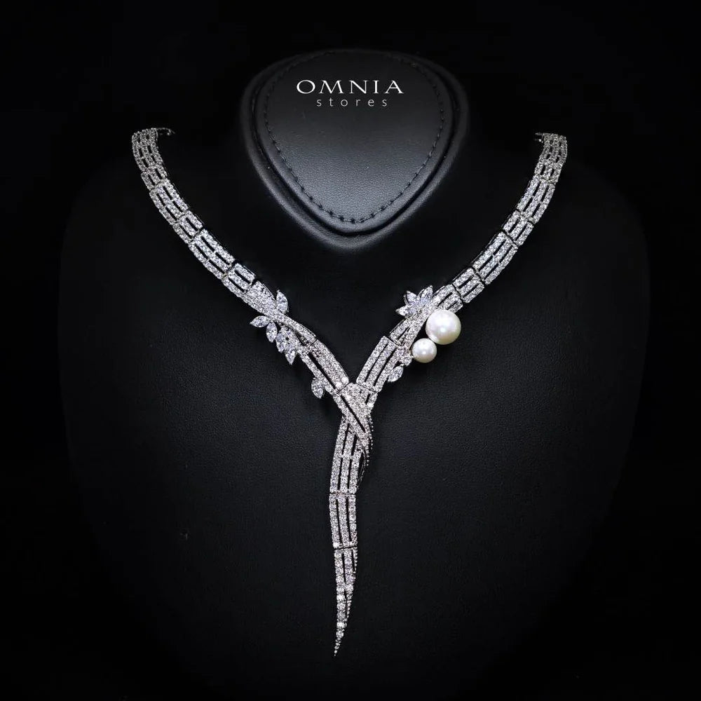 Omnia Larman Luxury Bridal Pearl Full Set in High Quality Simulated Diamonds Premium Rhodium Plated