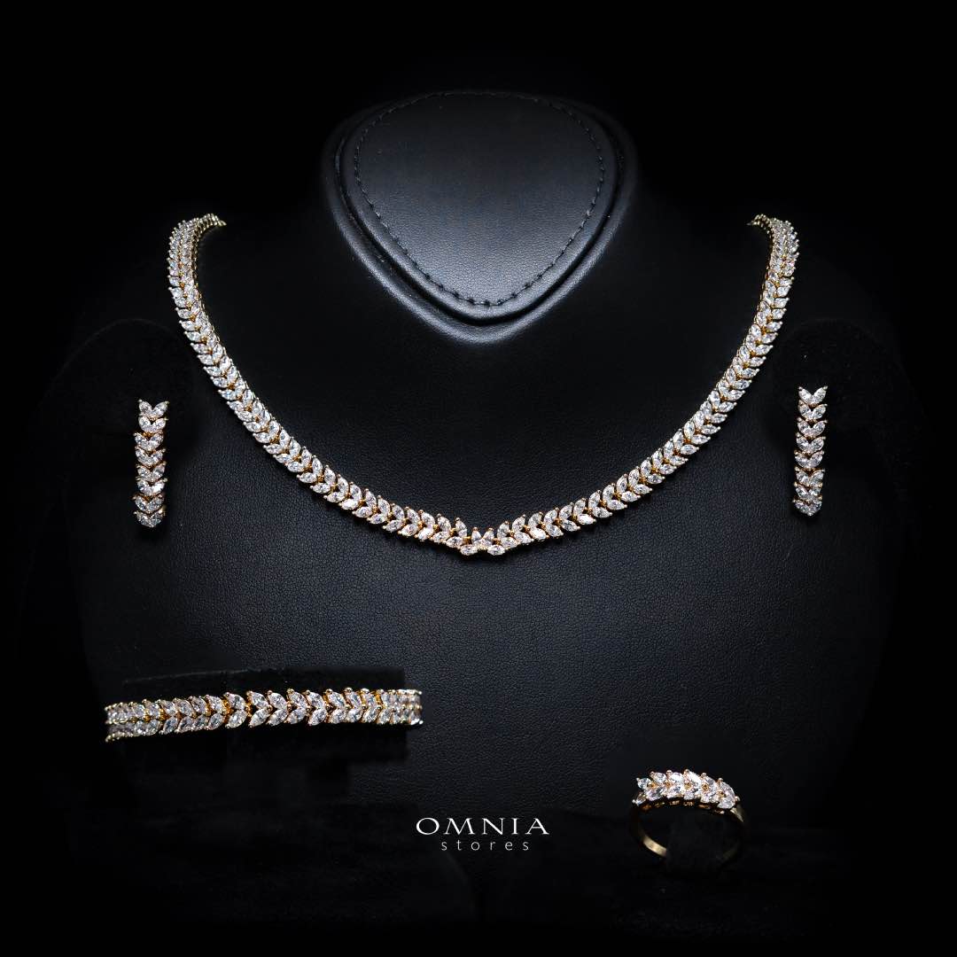 Omnia Aroosa Golden Bridal Full Set with High-Quality Simulated Diamonds Rhodium Plated