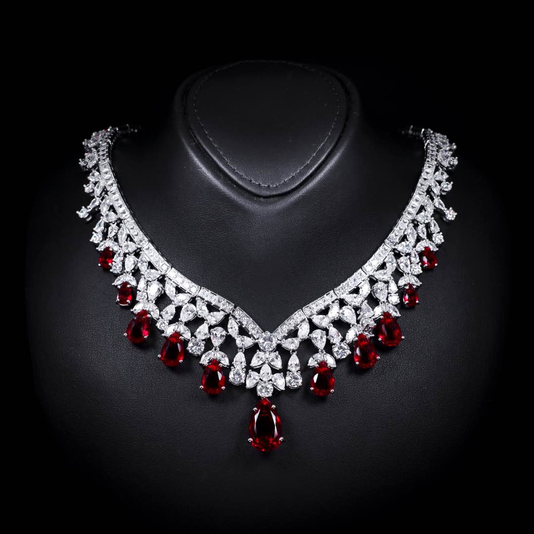Omnia Princess Bridal Full Set with Pear-Cut White and Red High Quality Simulated Diamonds Premium Rhodium Plated
