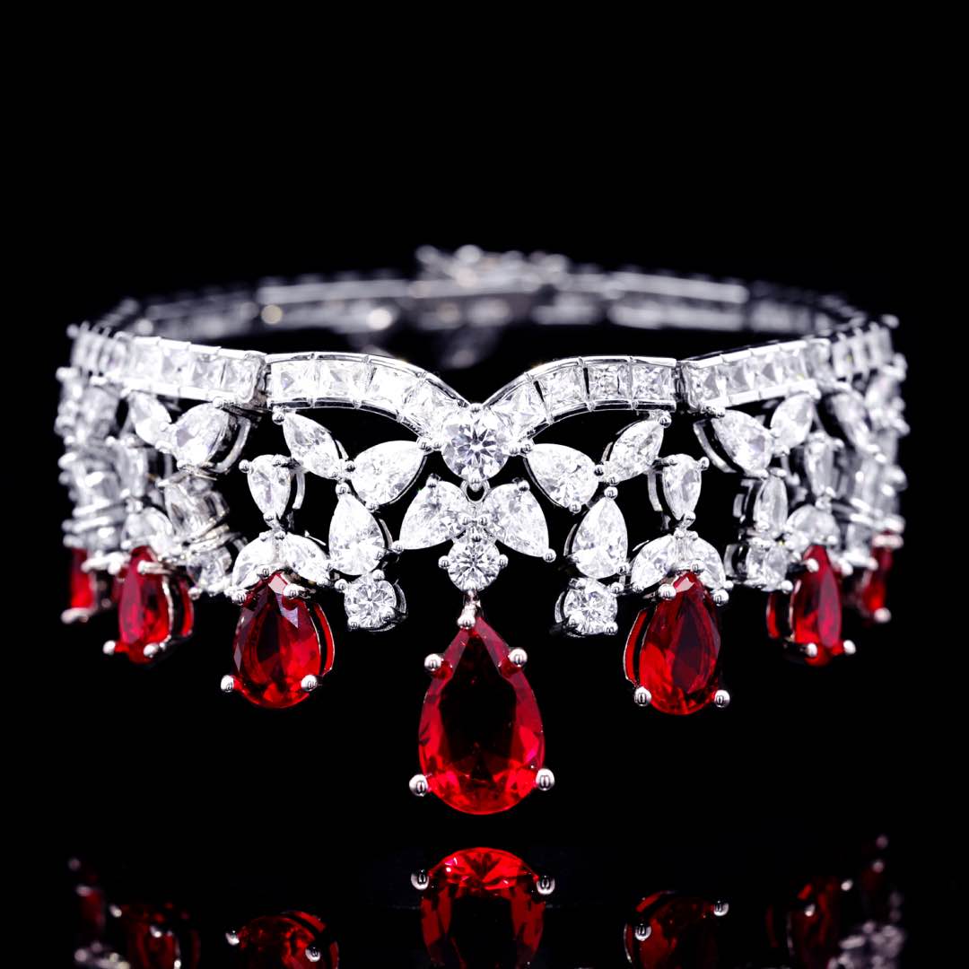 Omnia Princess Bridal Full Set with Pear-Cut White and Red High Quality Simulated Diamonds Premium Rhodium Plated