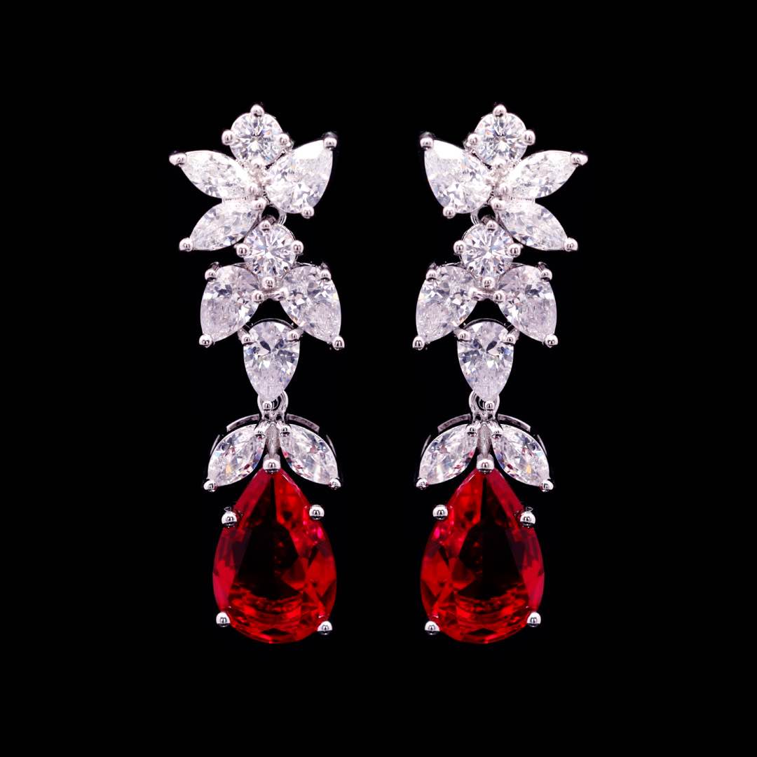 Omnia Princess Bridal Full Set with Pear-Cut White and Red High Quality Simulated Diamonds Premium Rhodium Plated
