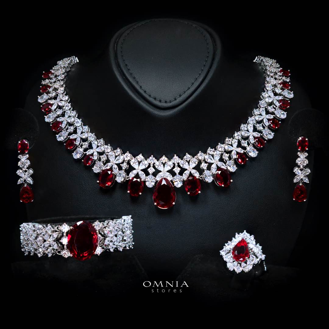 Omnia Suhana Red Bridal Full Set in High Quality Simulated Diamonds