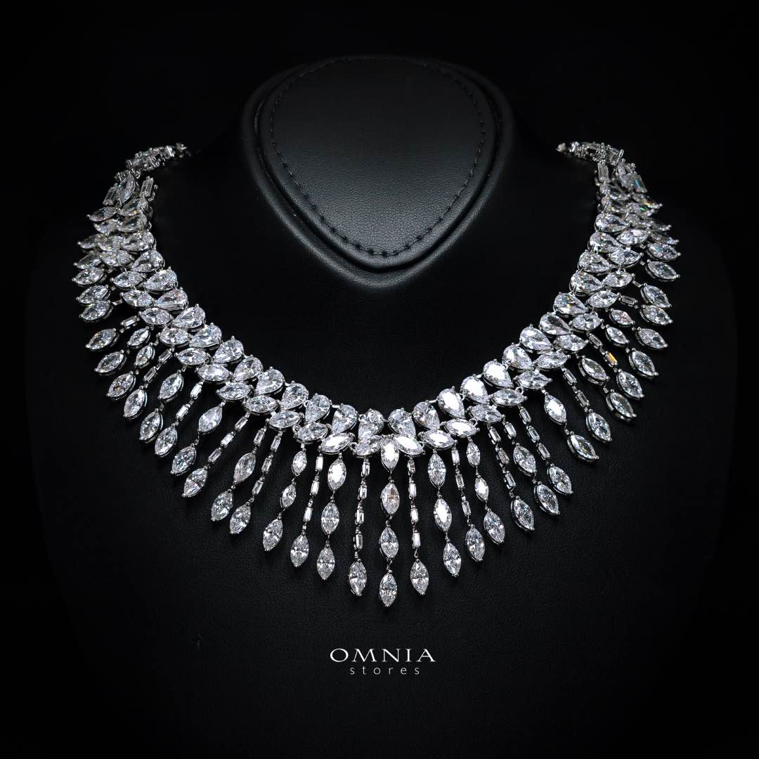 Omnia Soheila White Luxury Bridal Full Set with Emerald and Pear-Cut High-Quality Simulated Diamonds Rhodium Plated