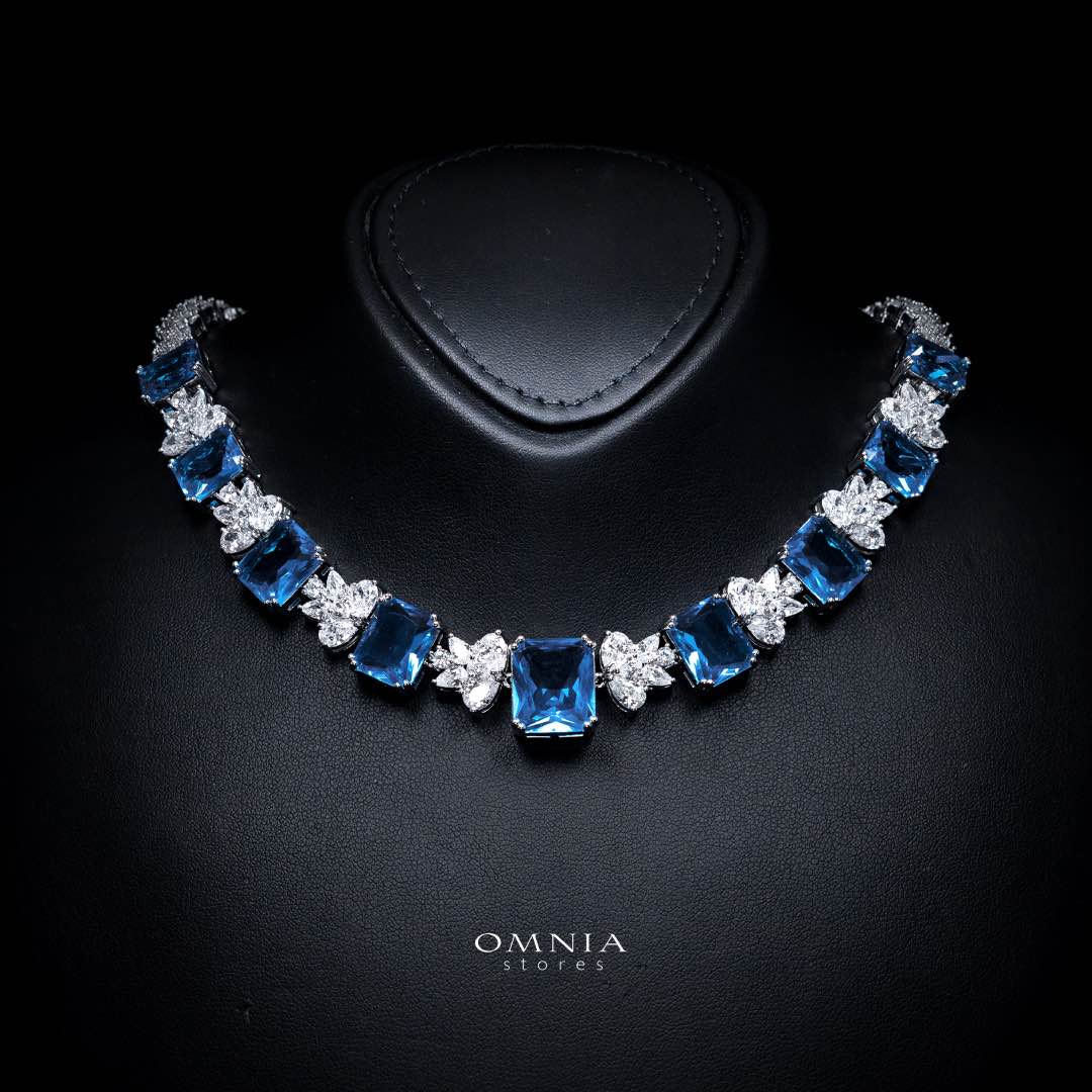 Omnia Amelia Sky Blue Bridal Full Set with Emerald and Pear-Cut High-Quality Simulated Diamonds