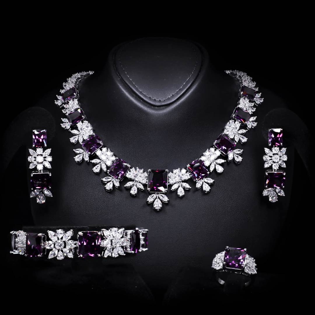 Omnia Charlotte Purple Bridal Full Set with Emerald and Pear-Cut High Quality Simulated Diamonds Premium Rhodium Plated