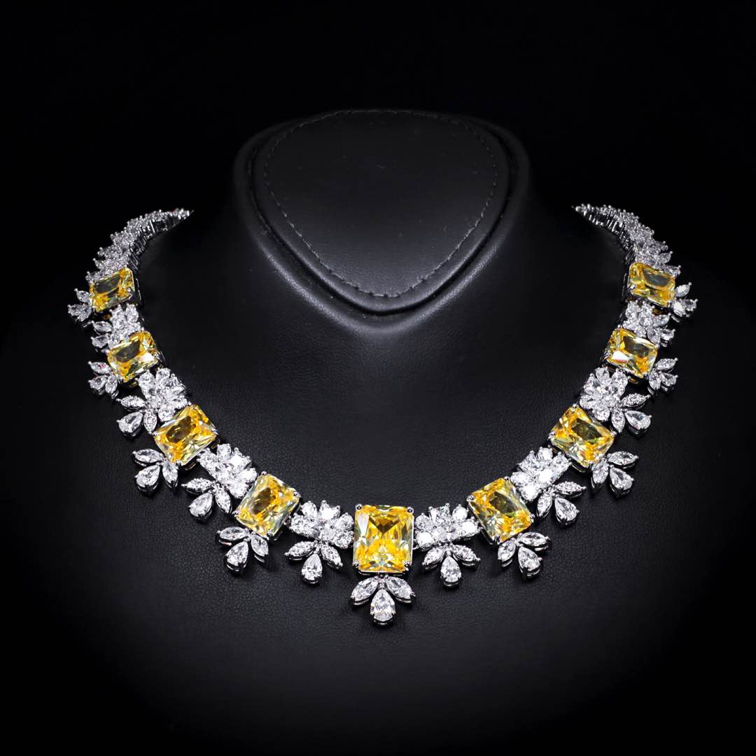 Omnia Charlotte Yellow Luxry Bridal Full Set with Emerald and Pear-Cut High Quality Simulated Diamonds Premium Rhodium Plated