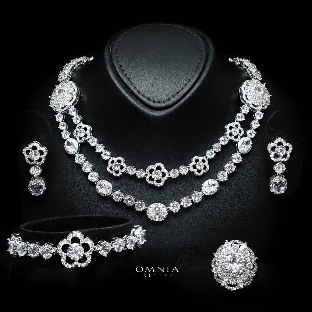 Omnia Esra White Luxury Bridal Full Set in High Quality Simulated Diamond Rhodium Plated