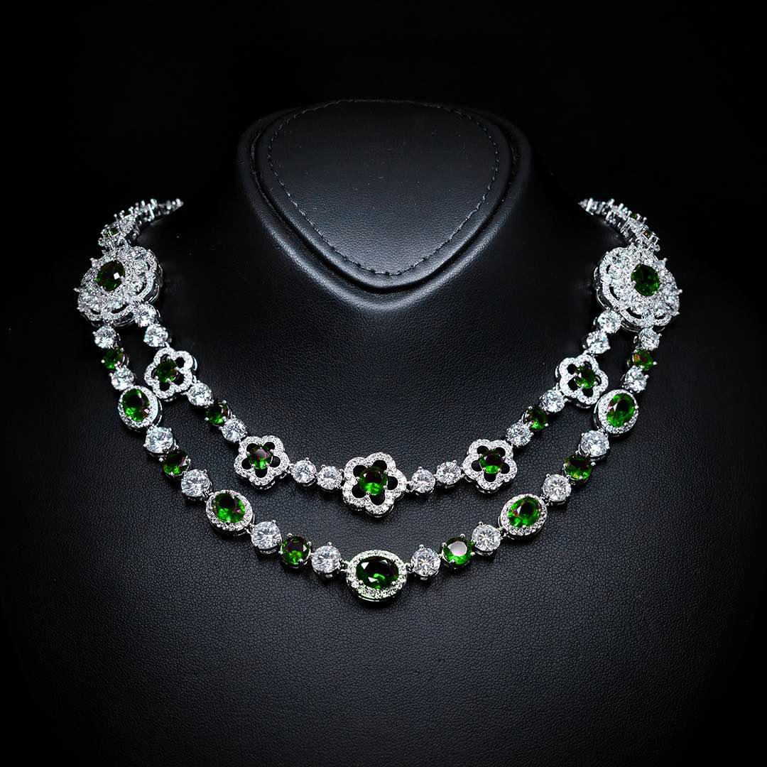 Omnia Esra Green Luxury Bridal Full Set in High Quality Simulated Diamonds Premium Rhodium Plated