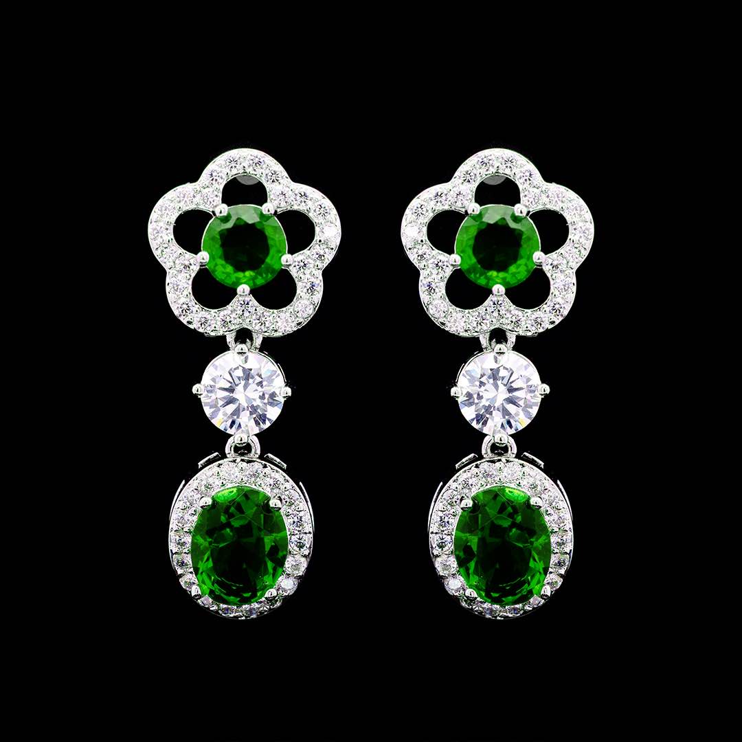 Omnia Esra Green Luxury Bridal Full Set in High Quality Simulated Diamonds Premium Rhodium Plated