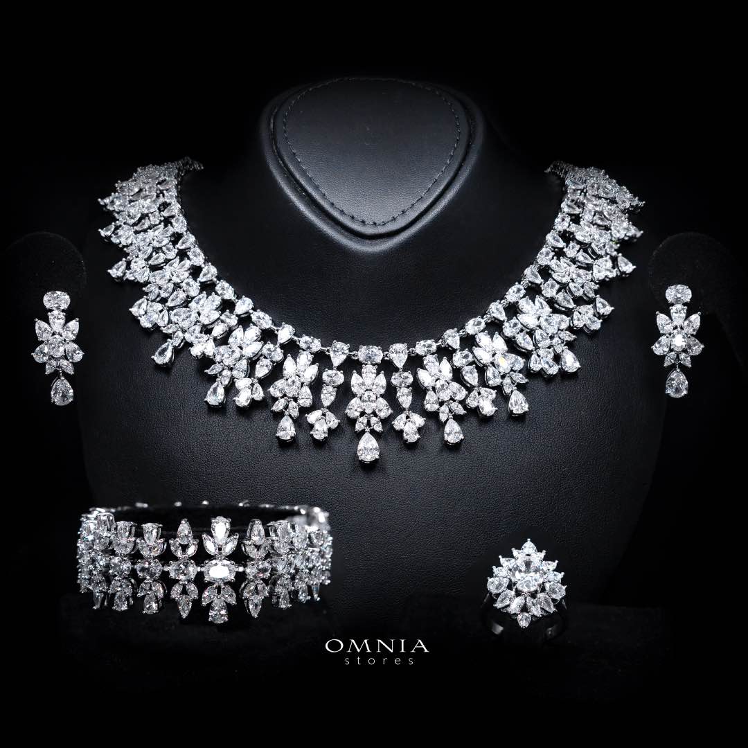 Omnia Dema White Luxury Bridal Full Set in High Quality Zircon Stone Rhodium Plated